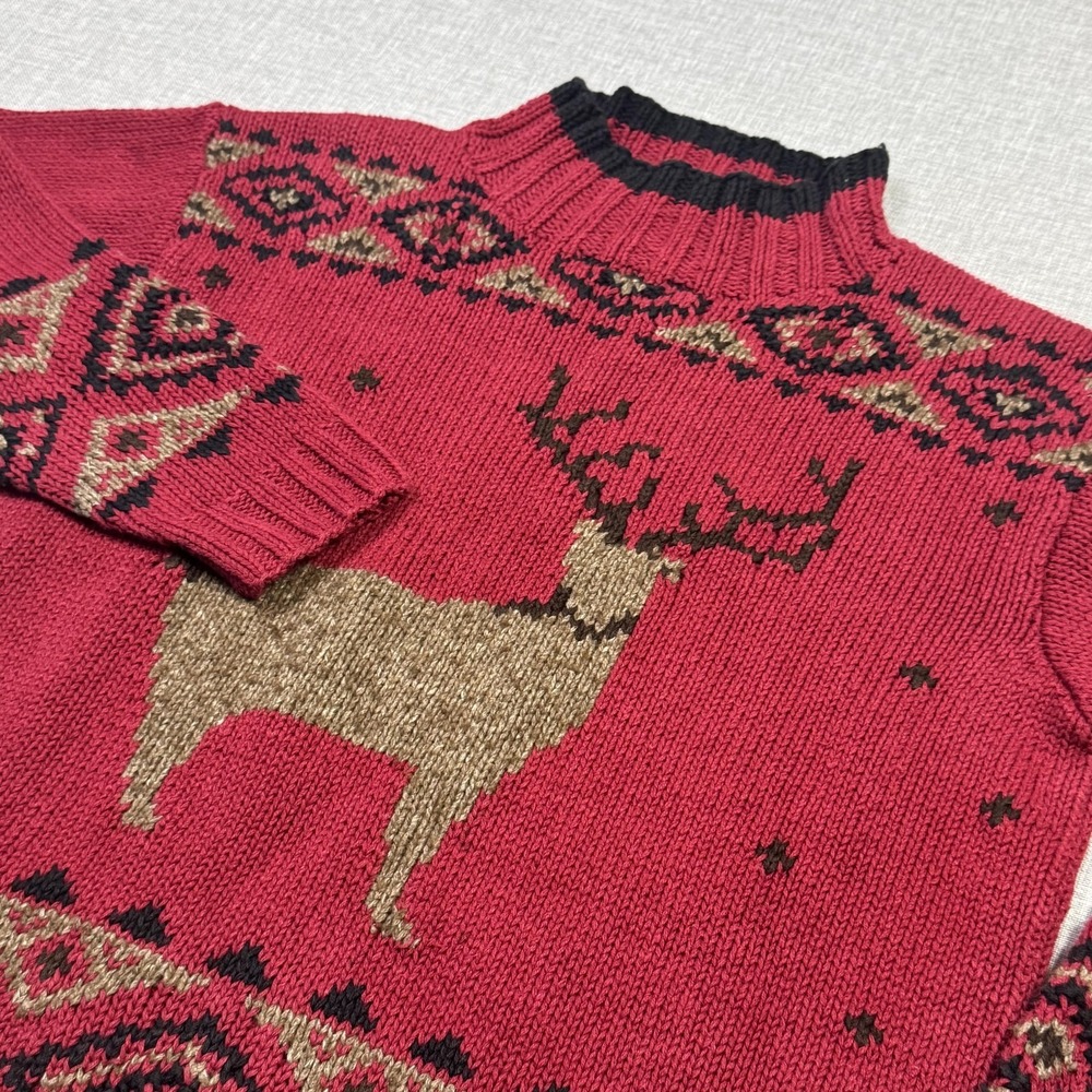 Eddie Bauer Sweater‎ Pullover Womens S/Petite Red Mock Neck Fair Isle Reindeer